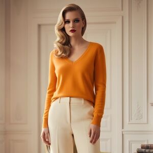 Nordstrom 100% Cashmere Sweater | Orange V-Neck Luxe Knit | Old Money | S